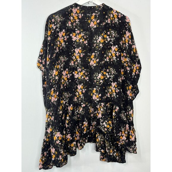 American Eagle Boho Floral Ruffle Kimono Cardigan One Size Black Pink - Picture 6 of 16